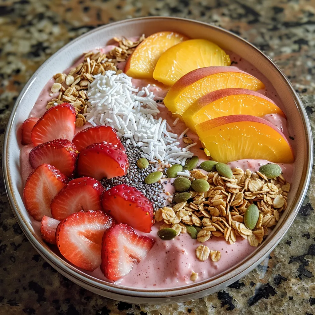 Side view of a smoothie bowl filled with vibrant strawberries, peaches, and mango, garnished with coconut and pumpkin seeds.