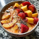 A close-up view of a vibrant strawberry peach smoothie bowl topped with colorful fruits.