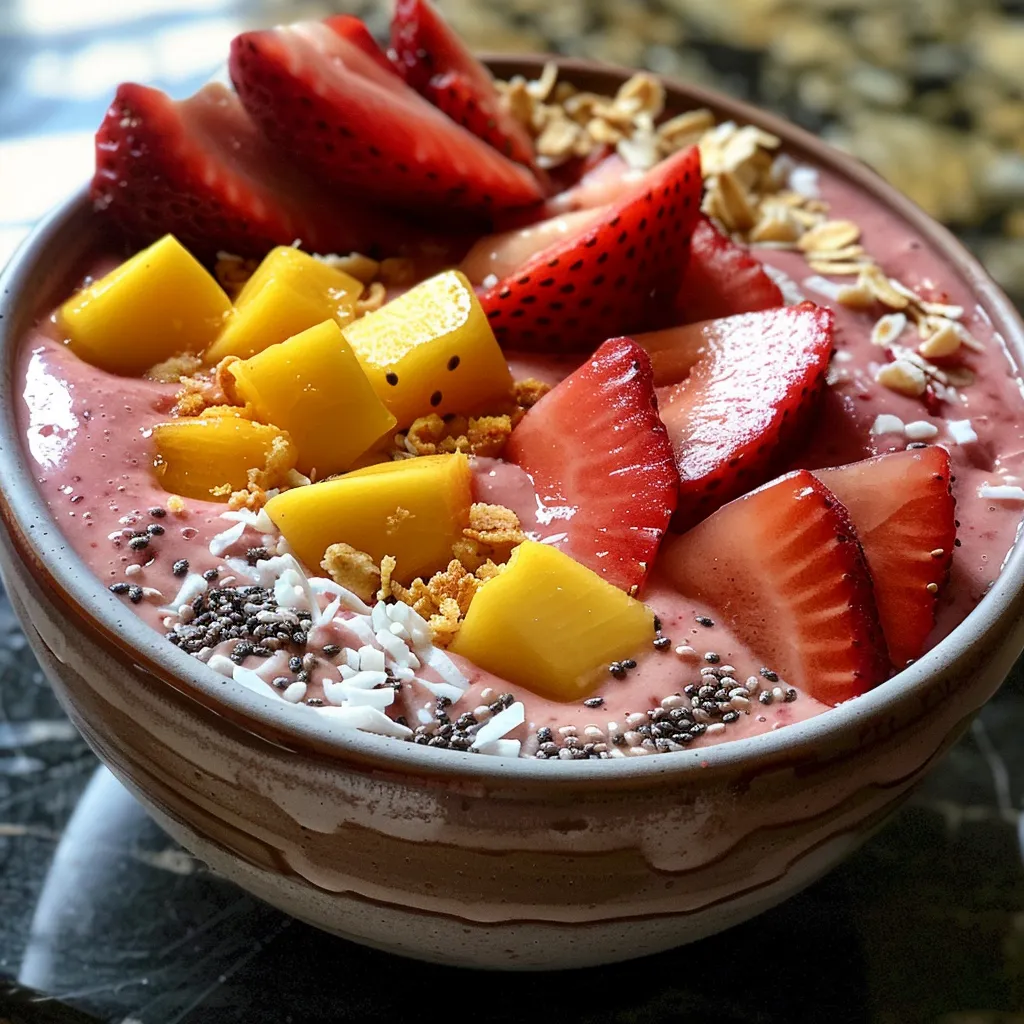 A side view of a luscious smoothie bowl made with strawberries and peaches, garnished with fresh ingredients.