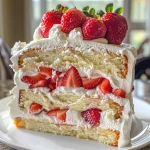 Close-up side view of a multi-layered Strawberry Shortcake Layer Cake with fresh strawberries.