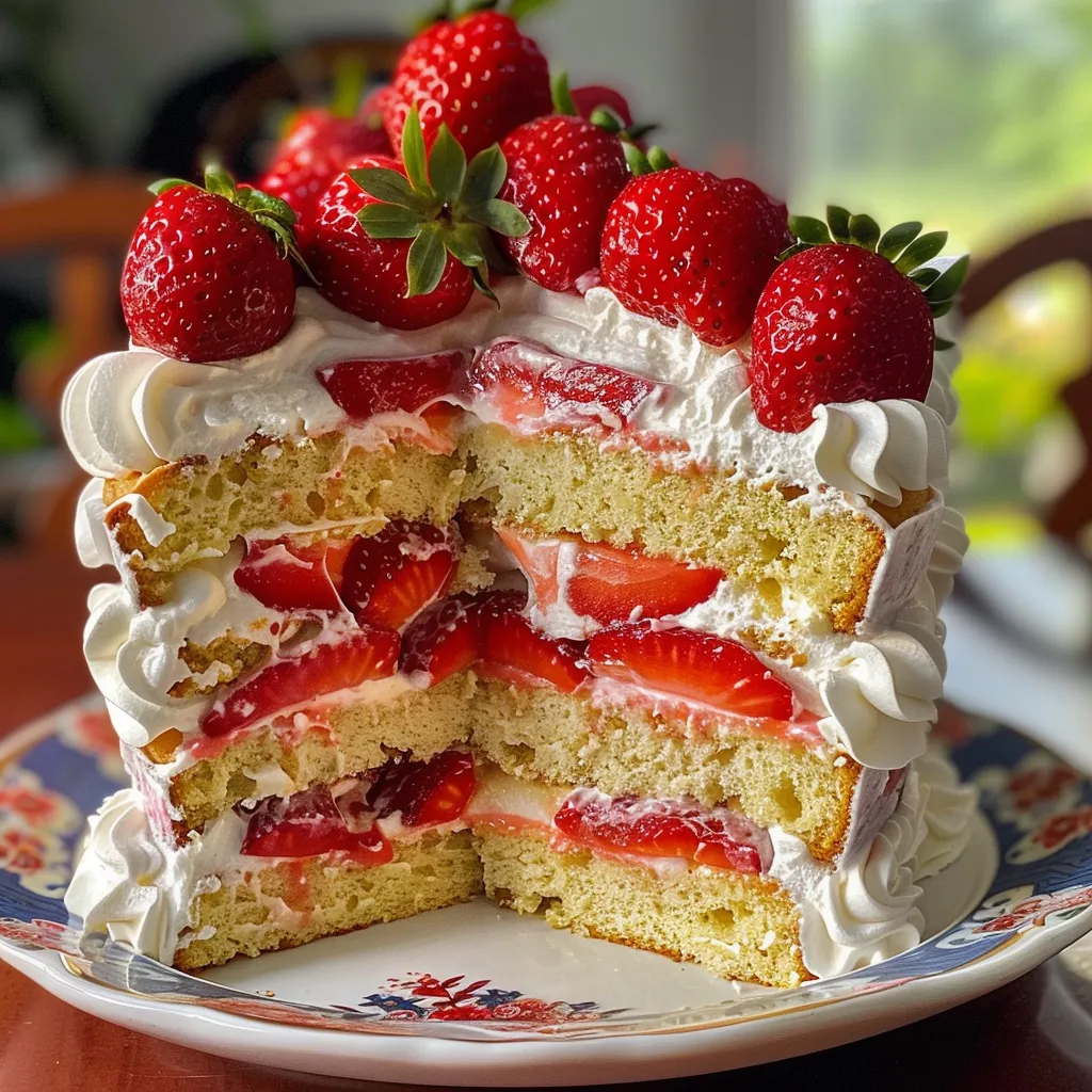A slice of strawberry shortcake layered with cream and strawberries, viewed from the side.