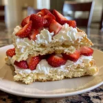 Close-up view of a strawberry shortcake slice, showcasing layers of cake and fresh strawberries.