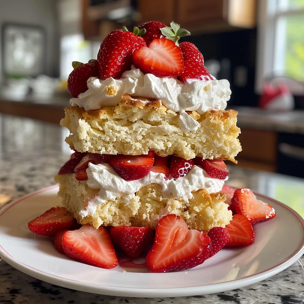 Side view of a delicious strawberry shortcake with whipped cream and strawberries, photographed with an iPhone 15 Pro.