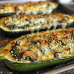 Close-up view of a juicy zucchini stuffed with ricotta, spinach, and mushrooms.