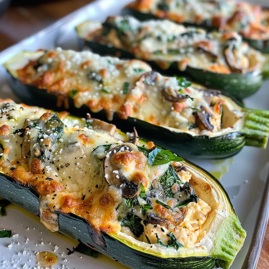 Side view of a baked stuffed zucchini filled with creamy ricotta and fresh vegetables.