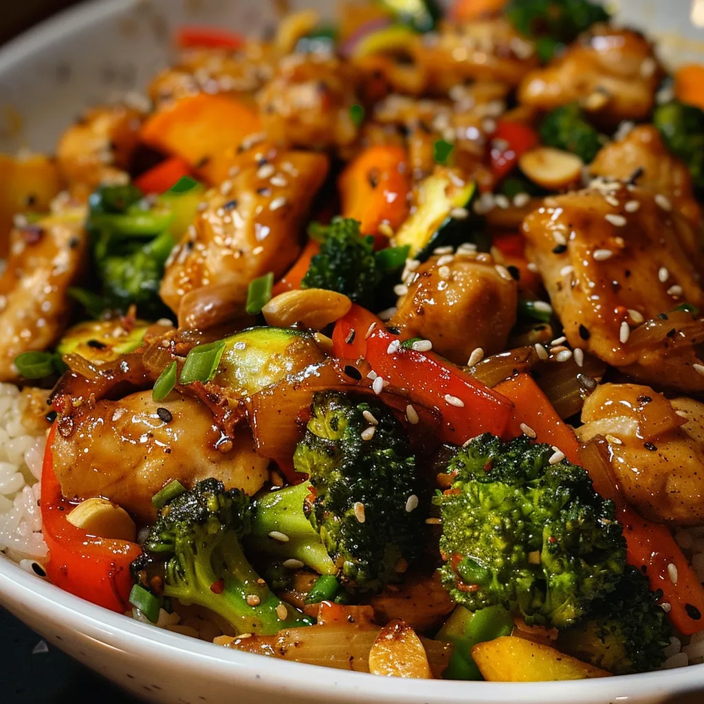 Side view of juicy sweet chili chicken with bright vegetables in a skillet.
