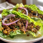 Close-up view of taco ground beef lettuce wraps filled with seasoned beef and diced onions.