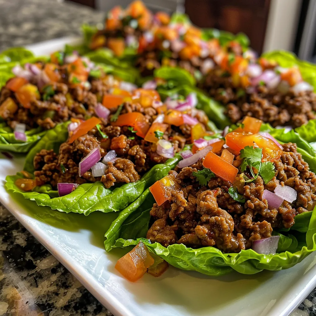 Side view of juicy taco ground beef wrapped in butter lettuce leaves, garnished with fresh ingredients.