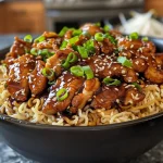 A side view of a bowl filled with teriyaki chicken, yaki-soba noodles, sliced onions, and garnished with sesame seeds and scallions.