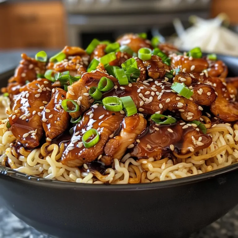 A side view of a bowl filled with teriyaki chicken, yaki-soba noodles, sliced onions, and garnished with sesame seeds and scallions.