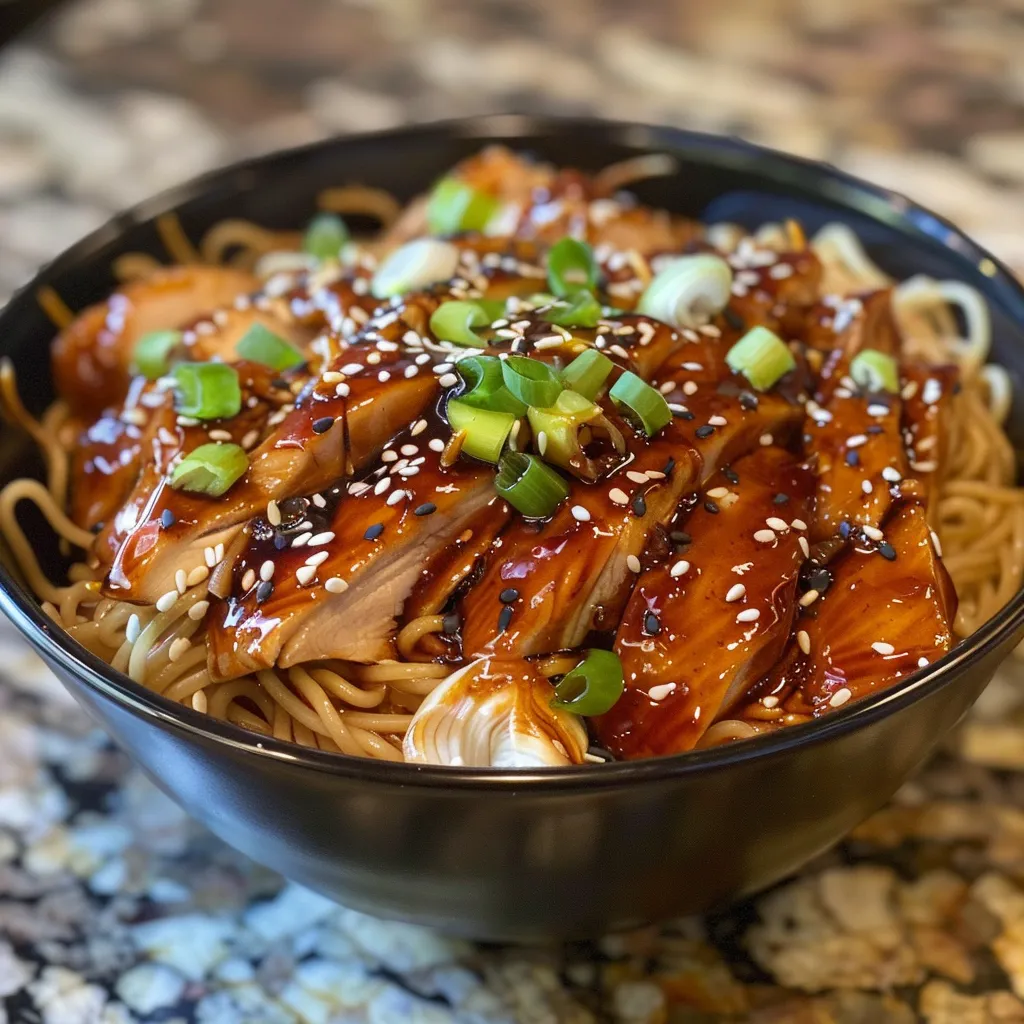Close-up of a delicious teriyaki chicken noodle bowl, showcasing juicy chicken thighs and colorful vegetables.