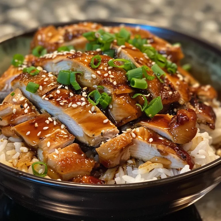 Close-up image of a Teriyaki chicken rice bowl with glossy sauce and vibrant toppings.