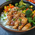 A close-up side view of a Teriyaki Chicken Rice Bowl, featuring vibrant veggies and tender chicken.