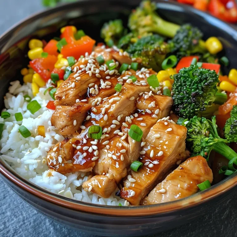 A close-up side view of a Teriyaki Chicken Rice Bowl, featuring vibrant veggies and tender chicken.