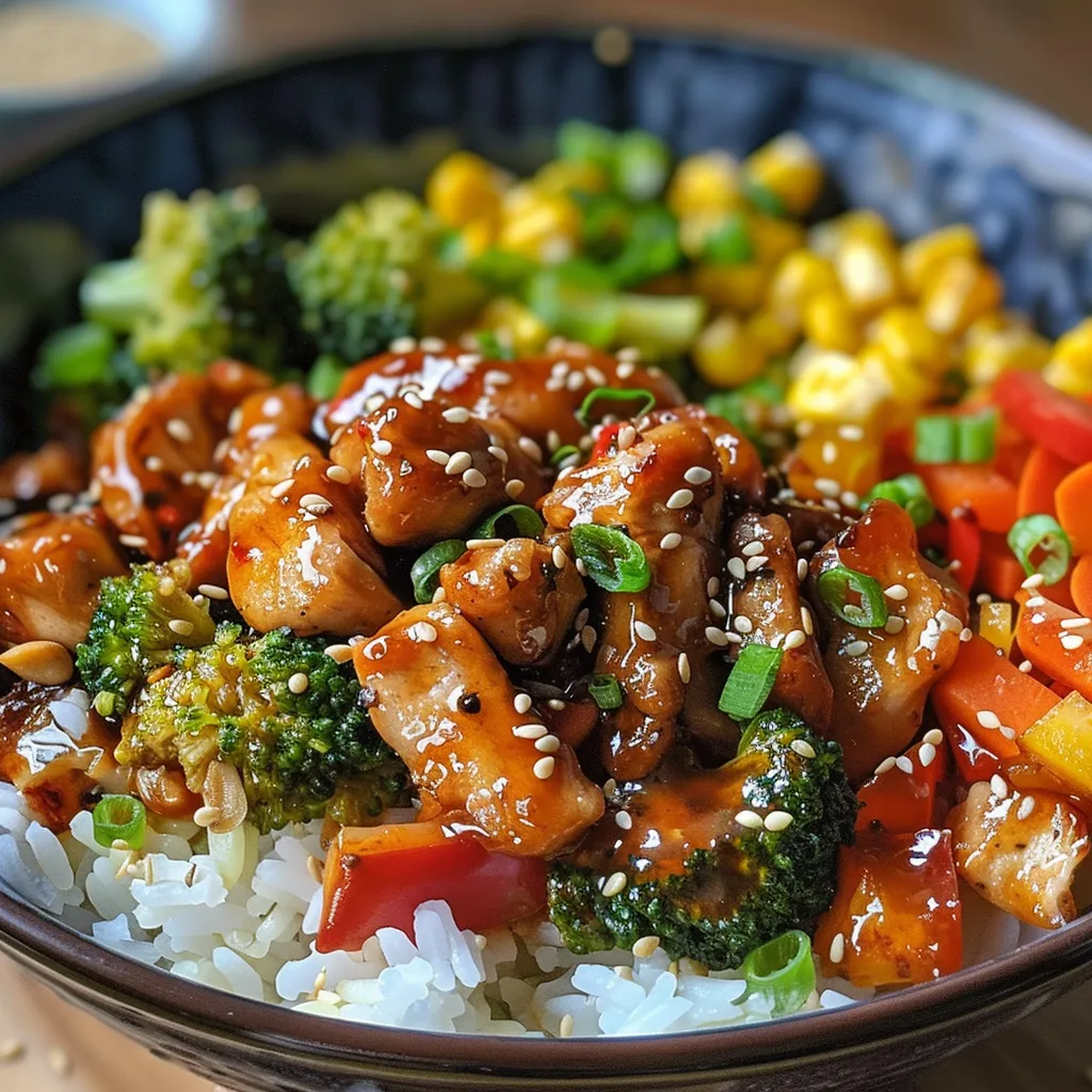 A delicious Teriyaki Chicken Rice Bowl displayed with colorful broccoli, bell peppers, and sesame seeds.