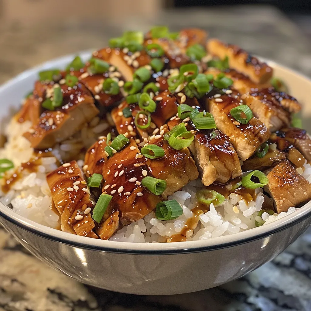Side view of a delicious teriyaki chicken rice bowl featuring chicken thighs and garnishes.
