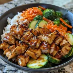 Close-up view of a Teriyaki Grilled Chicken Rice Bowl with colorful vegetables.