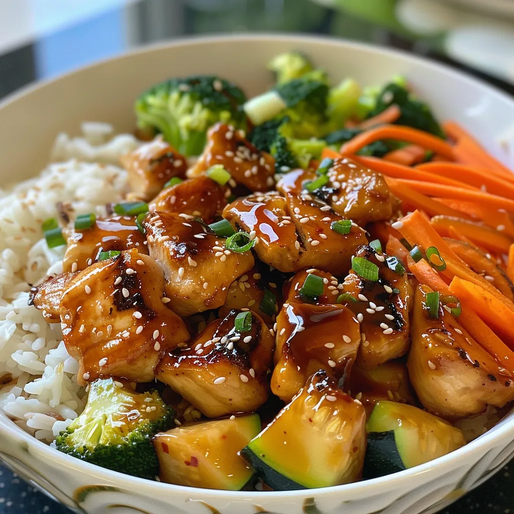 Side angle photo of a delectable Teriyaki Chicken bowl filled with rice and veggies.