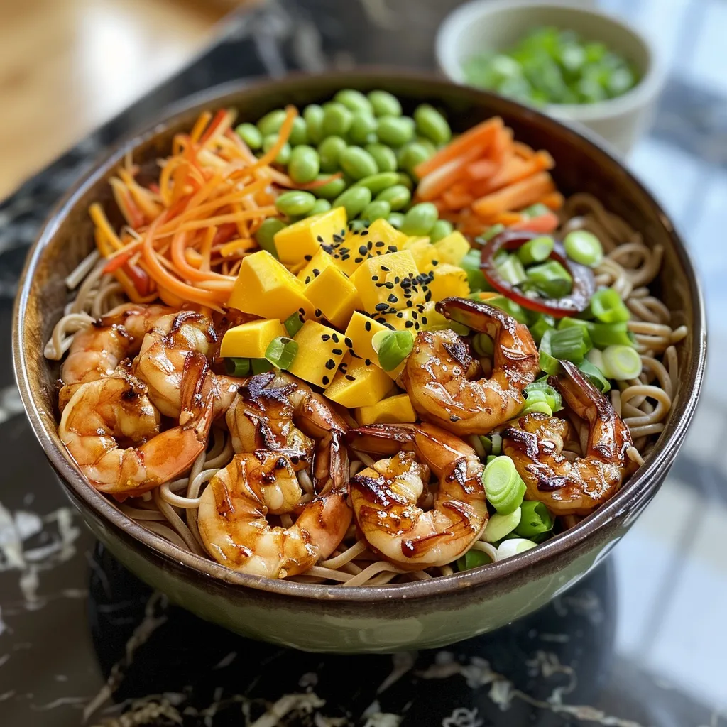 Close-up view of a Teriyaki Shrimp Soba Noodle Bowl showcasing noodles, shrimp, and fresh vegetables.