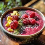 A thick raspberry smoothie bowl garnished with fresh fruit and nuts.