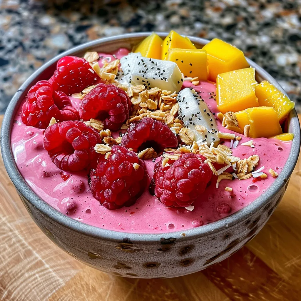 Side view of a vibrant smoothie bowl made with raspberries, mango, and berries.