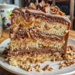 Close-up of a rich toffee cake with crushed toffee pieces on top.
