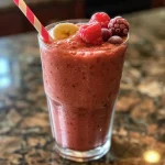 Close-up view of a vibrant Triple Berry Banana Watermelon Smoothie in a glass, showcasing its rich red and pink hues.