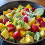 A colorful tropical fruit salad featuring pineapple, mango, kiwi, strawberries, and bananas, drizzled with honey lime dressing.