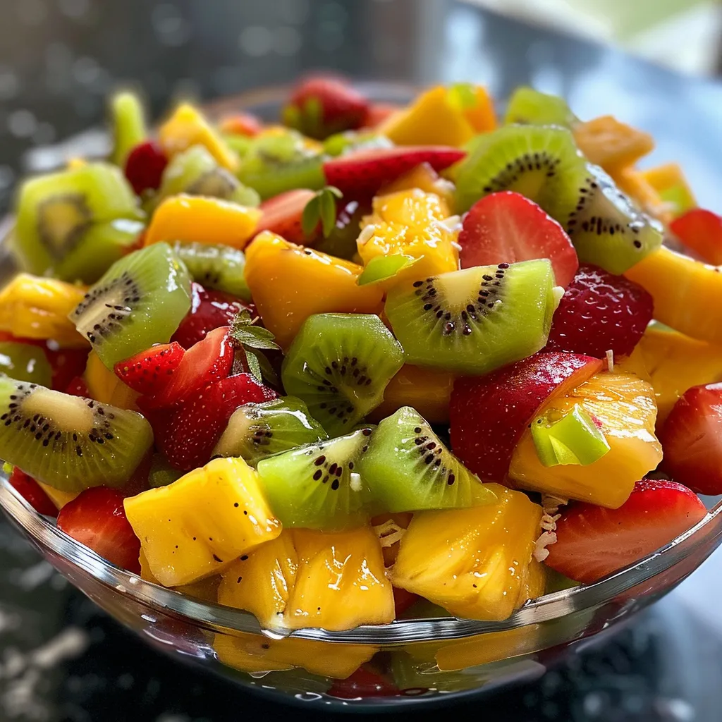Close-up view of a vibrant tropical fruit salad with chunks of pineapple, mango, kiwi, strawberries, and banana slices.