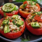 Side view of two tomatoes stuffed with tuna and avocado, showing vibrant colors and textures.
