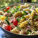 Close-up of a colorful tuna pasta salad featuring small shell pasta, peas, and chopped vegetables.