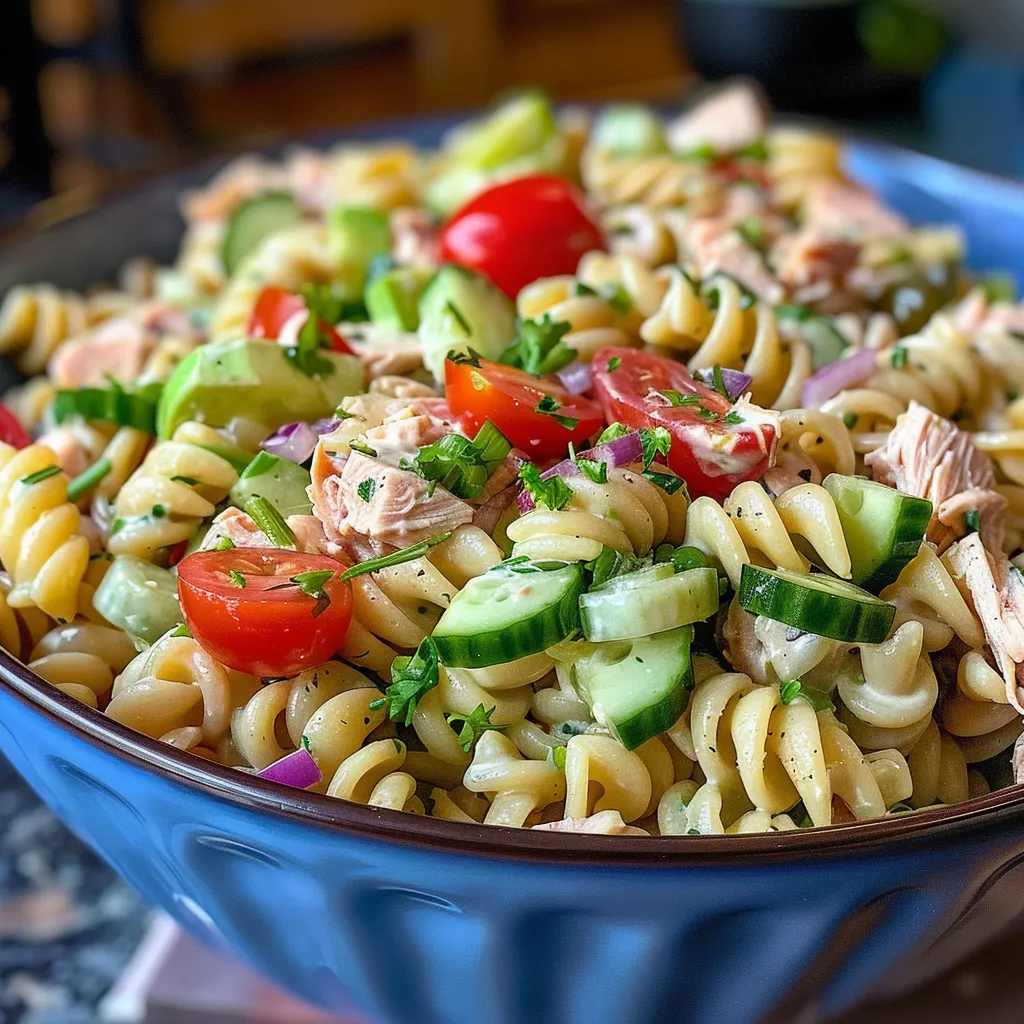 Side view of a vibrant tuna pasta salad with ingredients like tuna, celery, and red onion, displayed in a bowl.