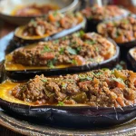 Close-up of juicy Turkish stuffed eggplant with filling visible.