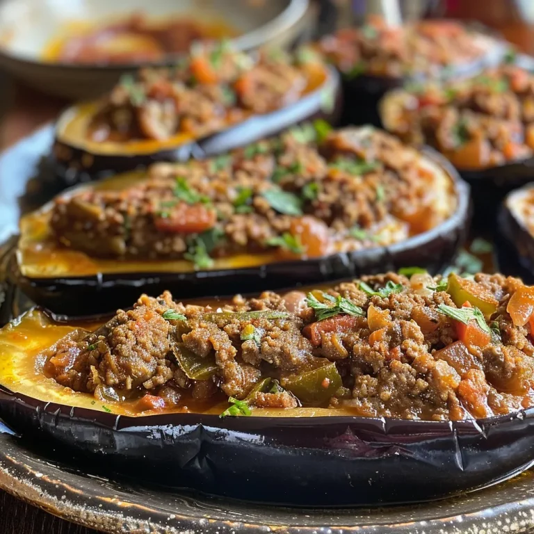 Close-up of juicy Turkish stuffed eggplant with filling visible.
