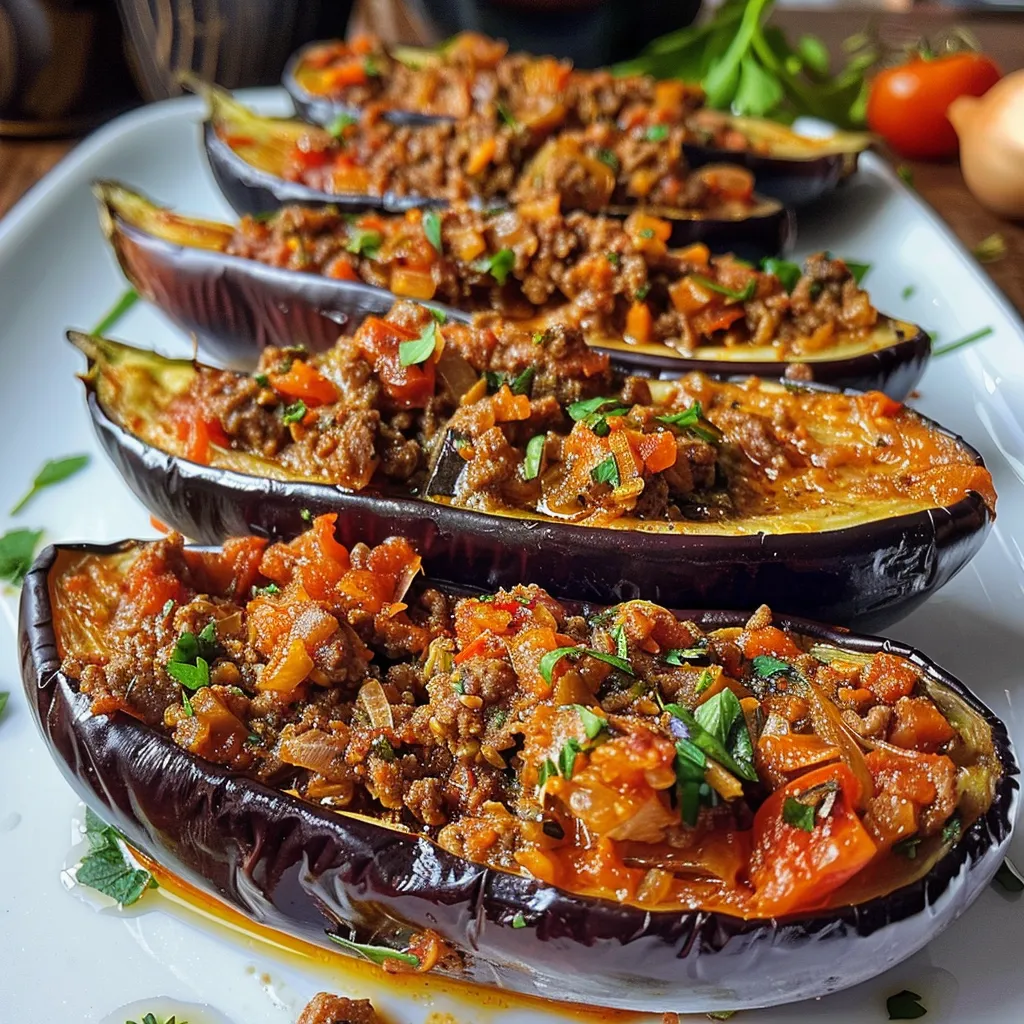 Side view of stuffed eggplants showcasing their rich, savory filling.
