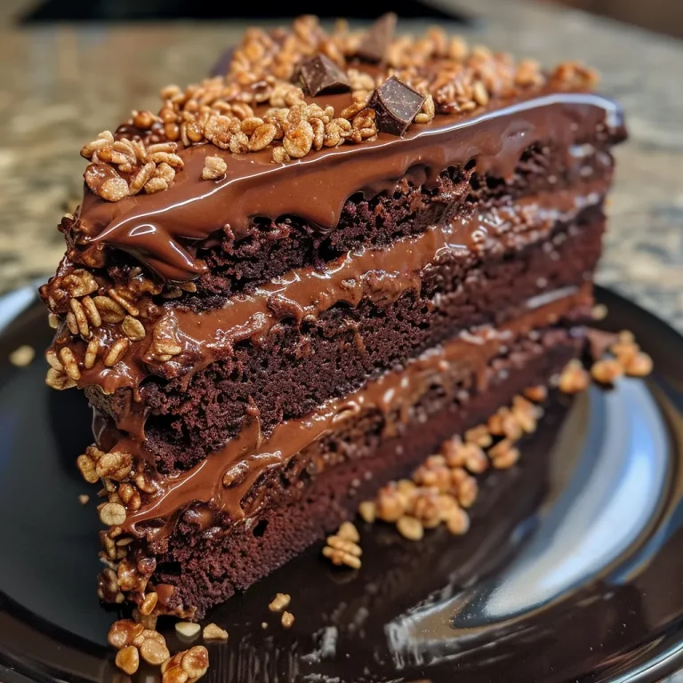 Close-up side view of a rich chocolate crunch cake with layers of cream and crunch topping.
