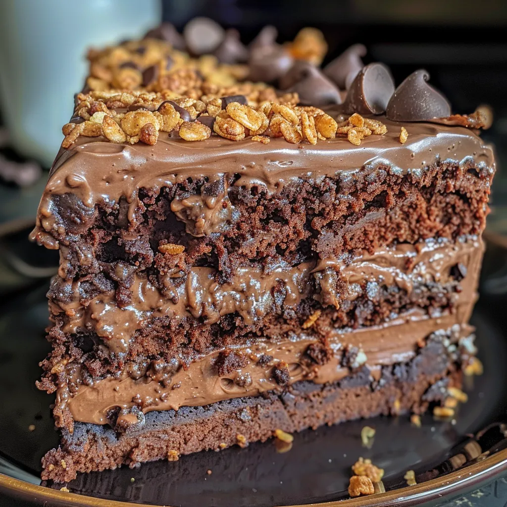 Detailed view of a delicious chocolate cake with a glossy ganache and crispy rice topping.