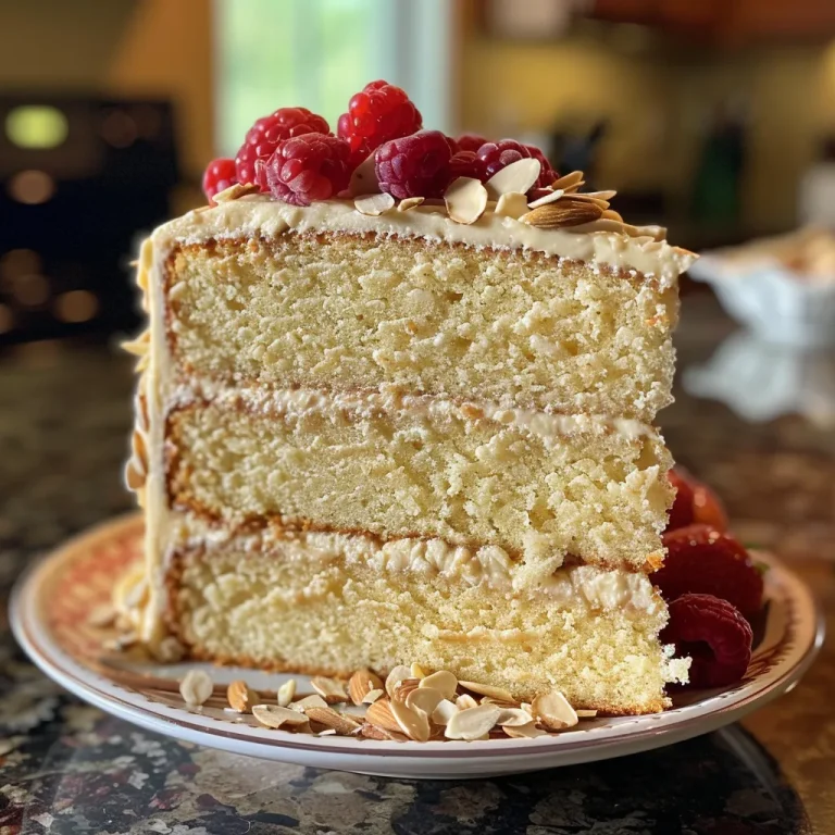 Close-up view of a Vanilla Almond Birthday Cake with almond slivers and white chocolate shavings.