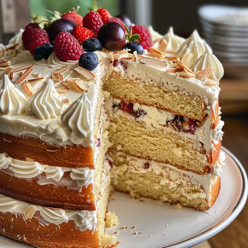 Side view of a layered Vanilla Almond Birthday Cake showcasing its creamy frosting and decorations.