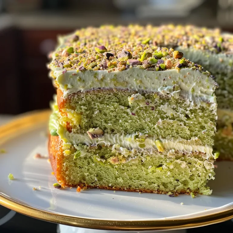 Close-up side view of a Vanilla Bean Pistachio Cake with layers and frosting.