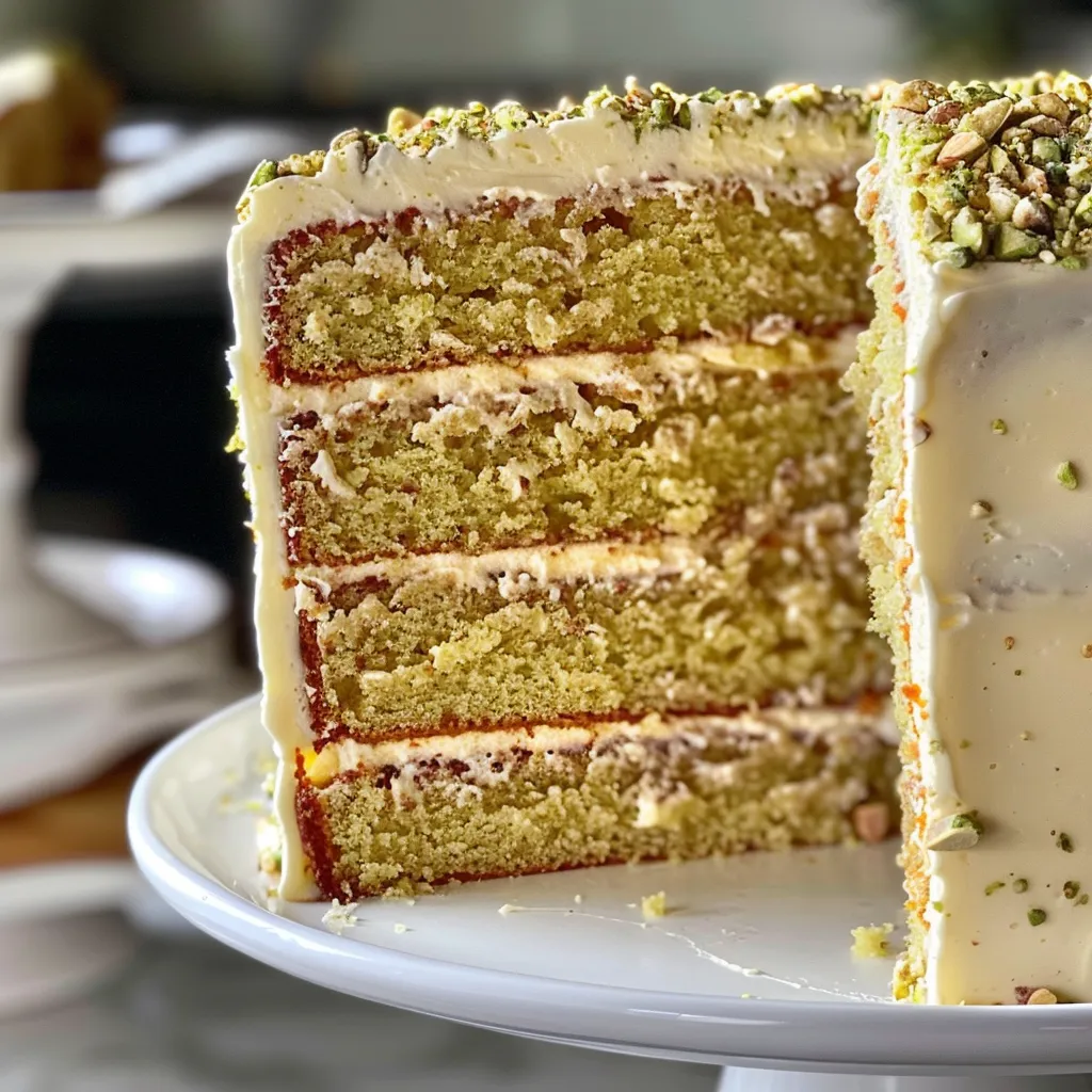 A delicious Vanilla Bean Pistachio Cake sliced to reveal its rich texture and color.