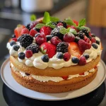 Close-up side view of a vanilla sponge cake topped with berries and cream.