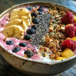 A vibrant vegan smoothie bowl filled with colorful fruits and seeds.