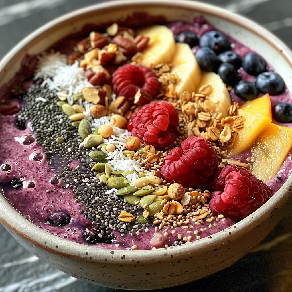 Close-up of a vegan smoothie bowl topped with fresh berries and nuts.