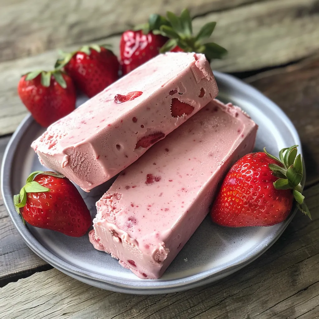 Juicy strawberry ice cream bar with a smooth coconut milk base, displayed on a white plate.