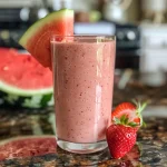 Close-up of a vibrant Watermelon Berry Protein Smoothie in a glass with a straw.