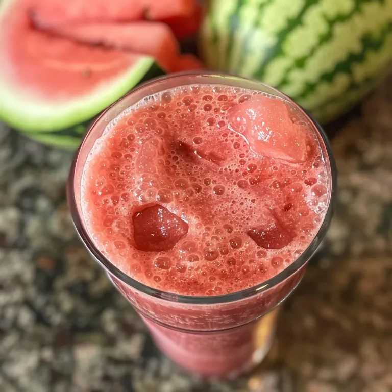 A close-up view of a vibrant watermelon coconut smoothie in a glass, garnished with a slice of watermelon.