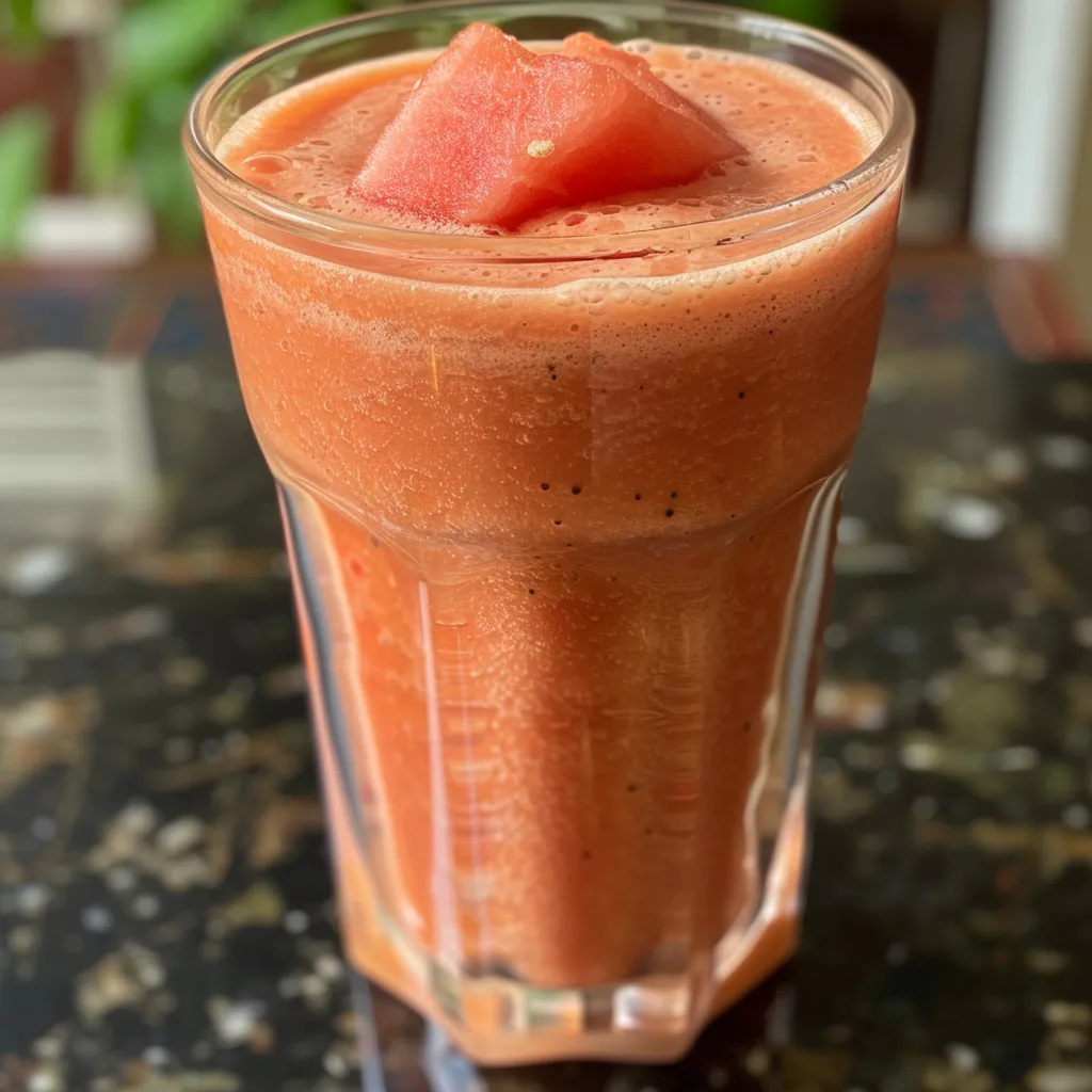 Side view of a refreshing watermelon coconut smoothie, showcasing the pink color and creamy texture.