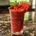 Close-up view of a vibrant watermelon strawberry smoothie in a glass, topped with mint.