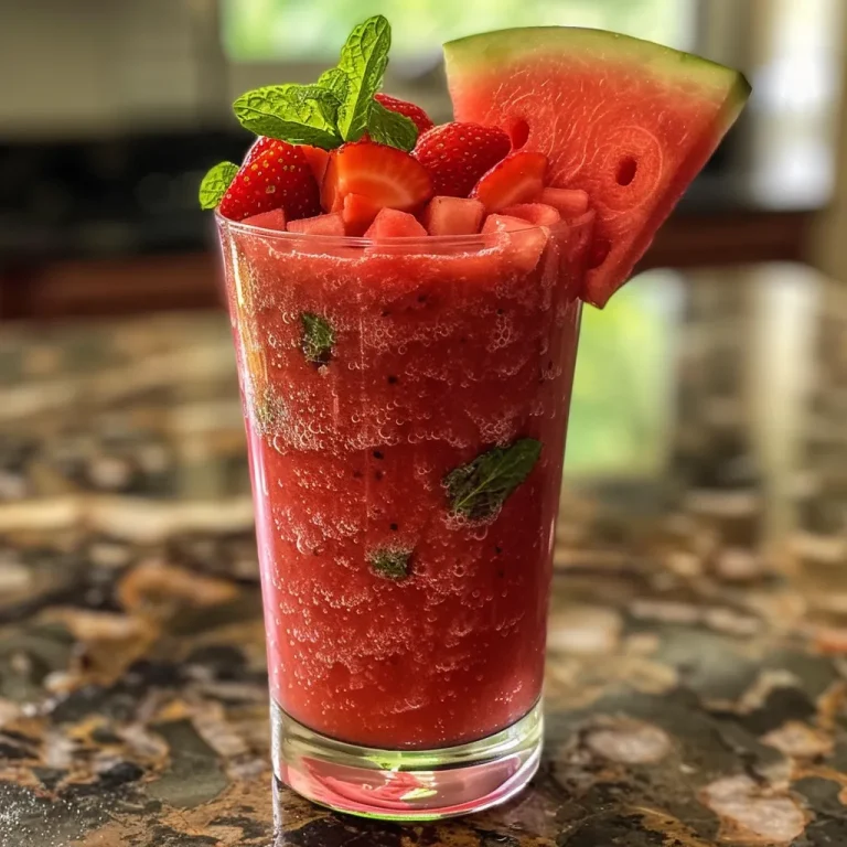 Sip into Summer Your Go-To Watermelon Strawberry Smoothie Recipe Close-up view of a vibrant watermelon strawberry smoothie in a glass, topped with mint.